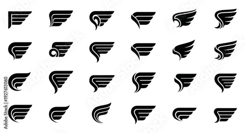 Collection of diverse wing logos displayed in a grid pattern on a clean white background from various viewpoints and designs