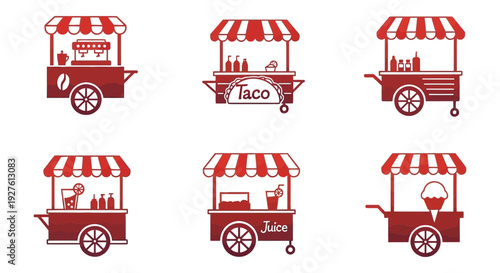 Food carts with red and white striped awnings display various cuisine at an outdoor market viewed from the front.