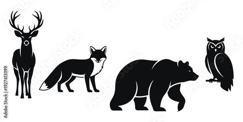 Wild animals stand together in a forest landscape view from a slight elevation viewpoint