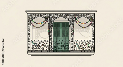Ornate balcony with decorative ironwork green shutters and elegant drapes showcasing classic architectural design elements and intricate details