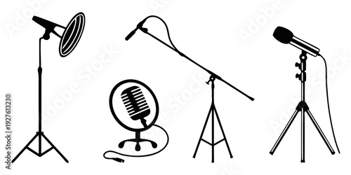 A variety of microphones and stands used for recording and broadcasting Vector