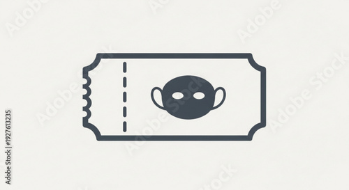 Ticket stub icon with face mask symbol isolated on white background black outline and dark gray fill simple graphic design element