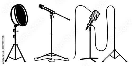 Three different types of microphones on stands for various audio recording purposes Vector