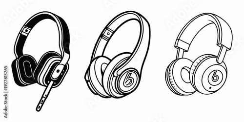 Three different types of headphones showcasing various designs and styles Vector