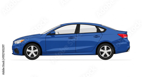 Modern Blue Sedan Car Isolated on White Background.