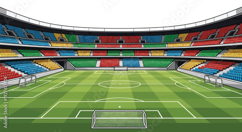 Illustration of a vibrant empty soccer stadium with colorful seating