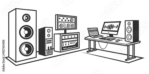 A detailed illustration of a home recording studio setup with various audio equipment. Vector