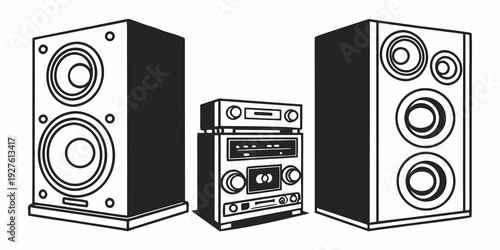 A vintage stereo system with two speakers and a tape deck in the middle Vector