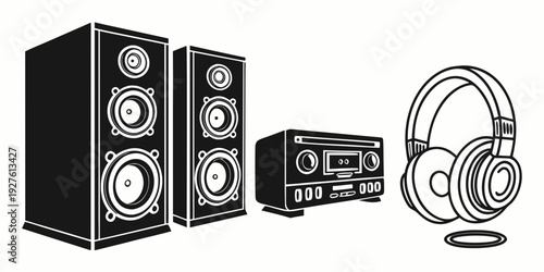 A collection of audio equipment including speakers, a receiver, and headphones. Vector