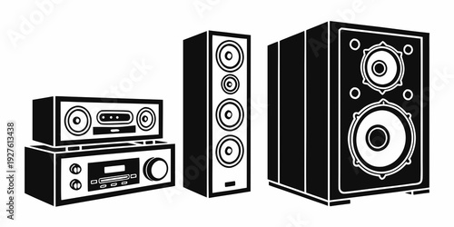 A vintage stereo system with speakers and a receiver on a wooden surface Vector