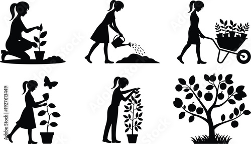 Gardening vector silhouettes, women tending plants and trees, watering, pruning and wheelbarrow scenes, potted plants, apple tree, outdoor gardening and horticulture activities