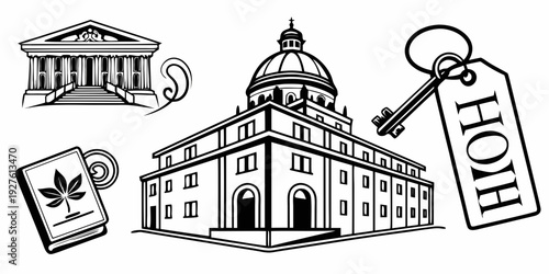 A detailed illustration of a courthouse with various legal symbols surrounding it Vector