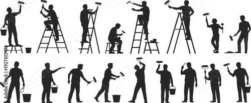 House painter worker vector silhouettes, men painting walls with rollers and buckets, ladder work poses, home renovation and maintenance illustration set
