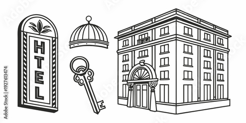 A traditional inn with a sign and a key, set against a backdrop of a building. Vector