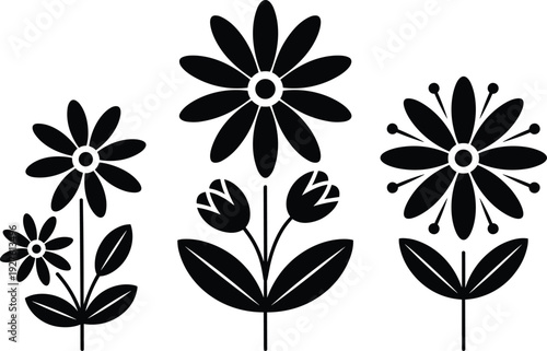 Black silhouette botanical flower icons featuring decorative garden blooms and leafy stems for spring decoration, floral patterns, and nature vector 