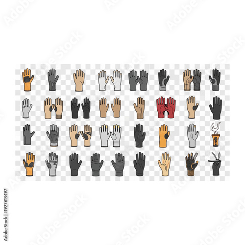 Variety of Hands and Glove Icons: Diverse Gestures Flat Design Collection