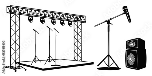 Stage setup with lighting equipment and a microphone stand Vector