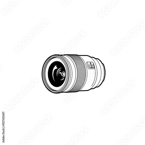 Detailed Black and White Line Art Drawing of a Professional Camera Lens