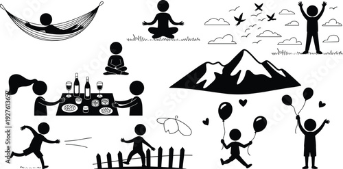 Outdoor leisure vector silhouettes, children playing and family relaxing, hammock and picnic scenes with balloons and food, meditation in nature, mountain view