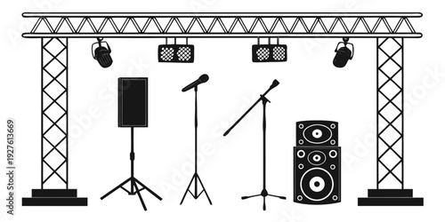 A detailed illustration of a stage setup with various audio equipment and instruments. Vector