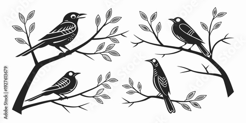 Four black birds perched on branches in a symmetrical arrangement Vector