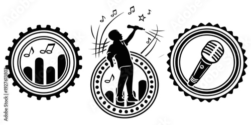 Three circular emblems featuring a chef, a dancer, and a musician, symbolizing culinary, performing, and musical arts. Vector