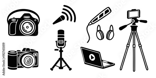 A collection of various photography and videography equipment icons. Vector