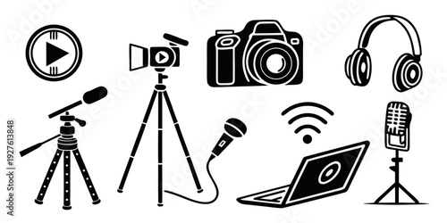 A collection of various photography and audio equipment icons. Vector