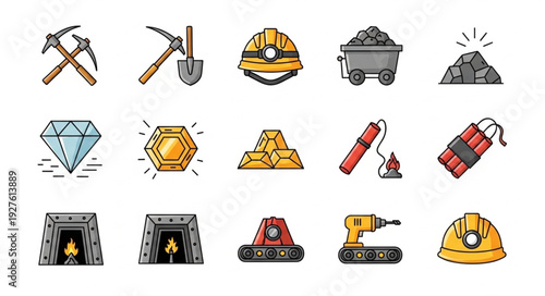Mining tools and equipment icons representing the industry and its processes.