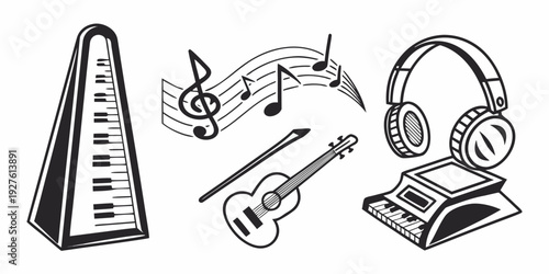 A collection of musical instruments and audio equipment in black and white Vector