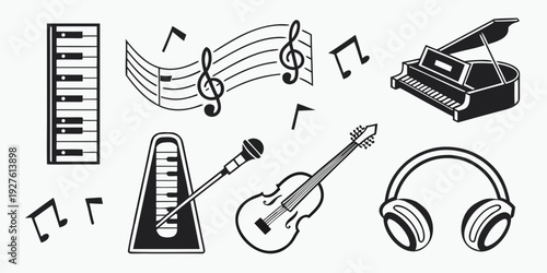 A collection of musical instruments and equipment in black and white Vector