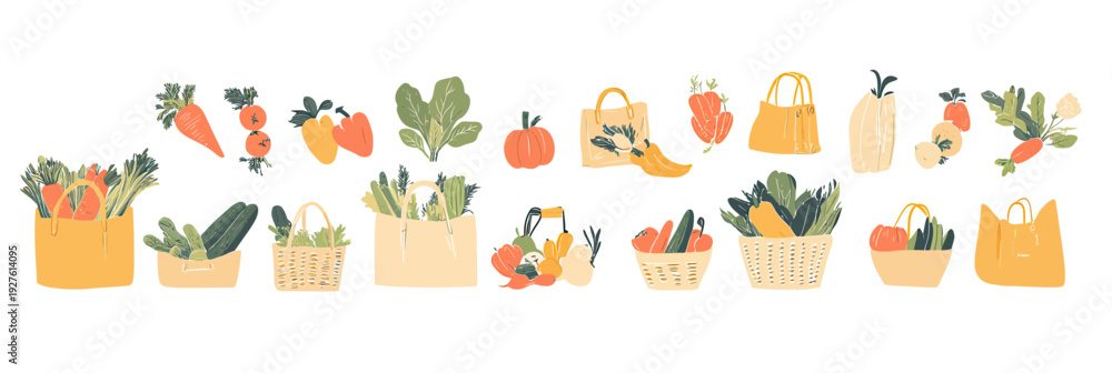 Fototapeta premium Flat minimalist vector illustration set of fresh organic vegetables and groceries in bags and baskets with carrots, cucumbers, pumpkins, peppers, and leafy greens for healthy food shopping concept