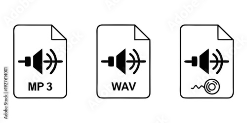 Audio file formats represented by icons on a white background Vector