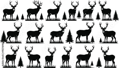 Set of majestic deer silhouettes with antlers standing in grass with pine trees, black vector illustrations for forest wildlife nature,