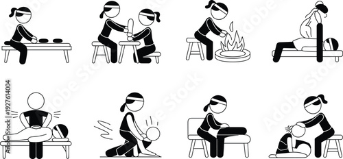 Thai massage therapy vector illustrations, traditional body stretching and spa treatment poses, wellness and relaxation therapy scenes, professional massage techniques icons