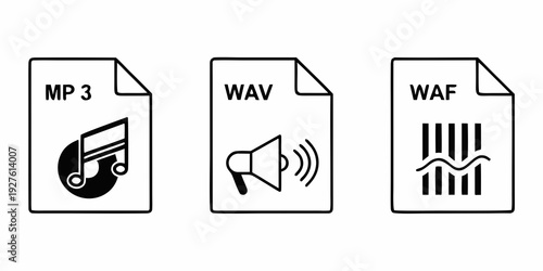 Icons representing various audio file formats including mp3, wav, and waf Vector