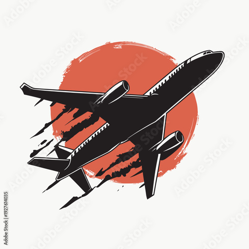 Silhouette of commercial airplane with jet engines flying against red sun background with smoke trails vector illustration flat minimalist design transport aviation concept