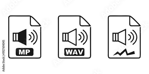 Audio file formats represented by icons with sound waves and speakers Vector