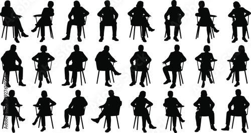 Seated people vector silhouettes, men and women sitting on chairs in various poses, casual body language and posture, black and white illustration set