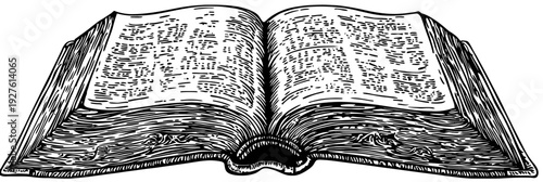 Open old book engraving black and white vintage illustration detailed pages and wooden texture isolated on white background flat vector drawing