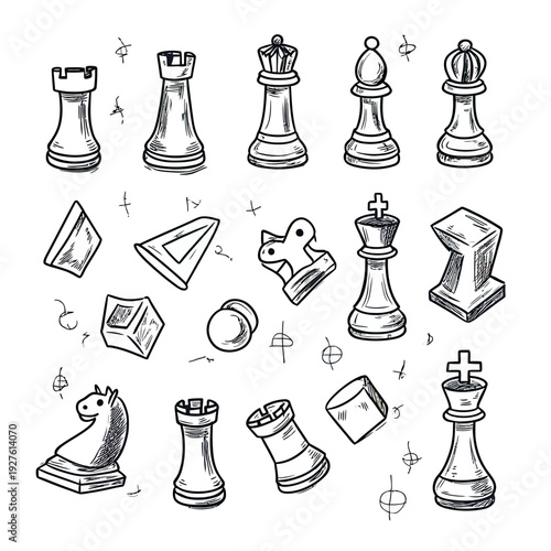 Hand drawn doodle sketch chess game pieces including rook knight bishop queen king isolated vector illustration for board game and competition design elements