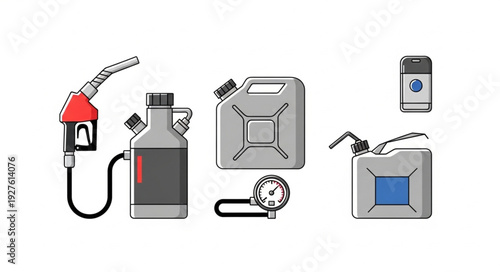 Various fuel containers and equipment for gasoline and liquid storage.