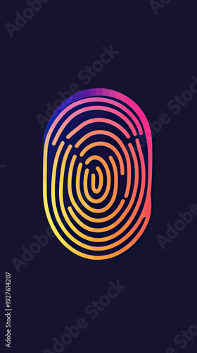 Colorful fingerprint icon with gradient neon lines on dark background biometric identity security concept digital authentication vector illustration