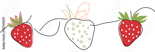 Minimalist continuous one line drawing of red strawberries with green leaves and seeds, abstract berry sketch with simple flowing lines and modern design on white background