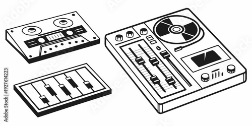A variety of music equipment including a keyboard, mixer, and sound effects panel. Vector