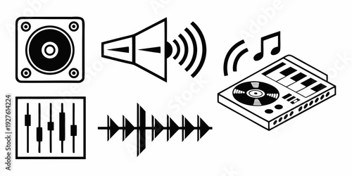 Illustration of audio equipment and sound waves transitioning into a music player Vector