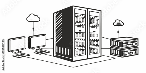 A server room with computers and network equipment connected to the cloud. Vector