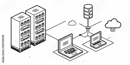 Illustration of a network connecting two computers to a server and a cloud. Vector