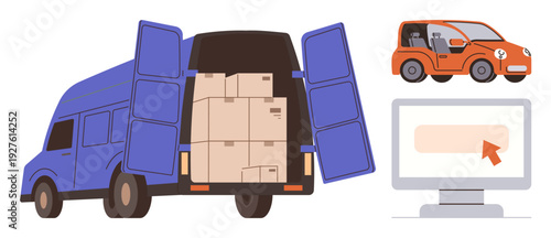 E-commerce, logistics, delivery services, shipping and packing, online shopping, transportation. A van with boxes, a small car a screen with a cursor. E-commerce and logistics concept