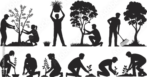 Tree planting vector silhouettes, people gardening and caring for plants, environmental conservation actions, community planting activities, eco friendly outdoor nature illustration set